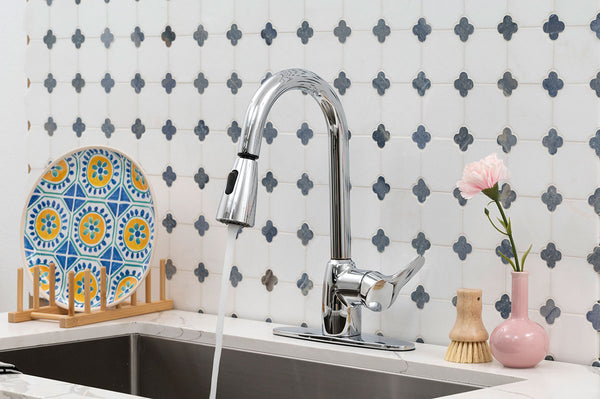 1-Handle Pull-Out Sprayer Kitchen Faucet in Chrome installed (image: MSI)