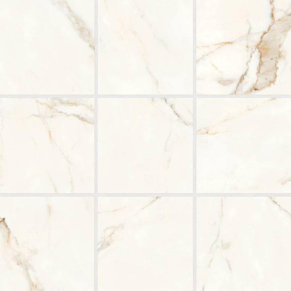 Bedrosians Magnifica Era 4" x 4" - 8mm Honed Porcelain Mosaic Tile in Calacatta Oro | Item Code 100002297