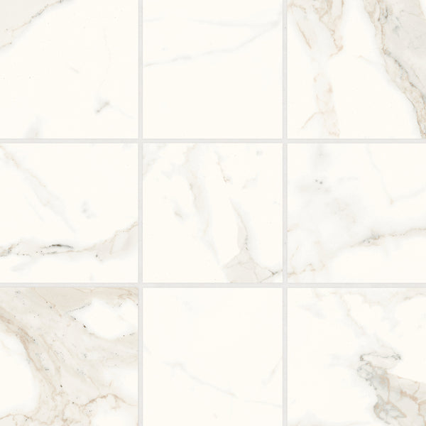 Bedrosians Magnifica Era 4" x 4" - 8mm Honed Porcelain Mosaic Tile in Calacatta Super White | Item Code 100002307