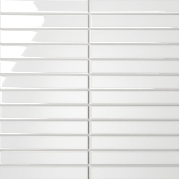 Bedrosians Le Cafe 1" x 6" Straight Stack Glossy Porcelain Mosaic Tile in White | Item Code 100002411