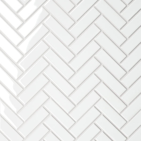 Bedrosians Le Cafe 1" x 3" Herringbone Glossy Porcelain Mosaic Tile in White | Item Code 100002415