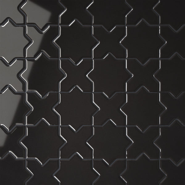 Bedrosians Le Cafe 2" x 2" Cross & Star Glossy Porcelain Mosaic Tile in Black | Item Code 100003616