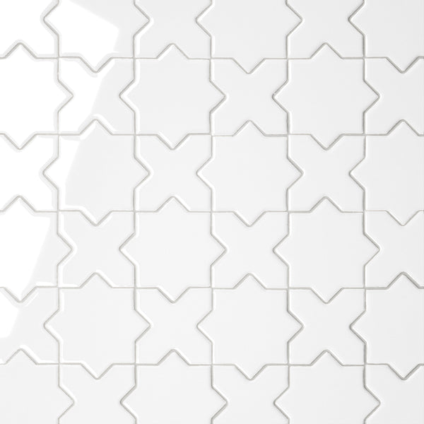 Bedrosians Le Cafe 2" x 2" Cross & Star Glossy Porcelain Mosaic Tile in White | Item Code 100003617