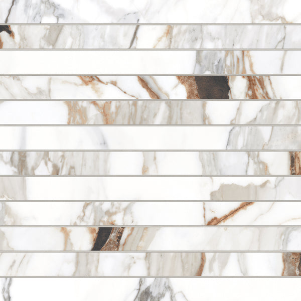 Bedrosians Prati 1" x 12" Honed Porcelain Mosaic in Calacatta Macchia Vecchia | Item Code 100006005