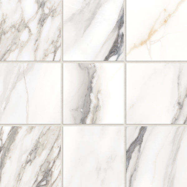 Bedrosians Prati 4" x 4" Honed Porcelain Mosaic in Calacatta Borghini Warm | Item Code 100006009
