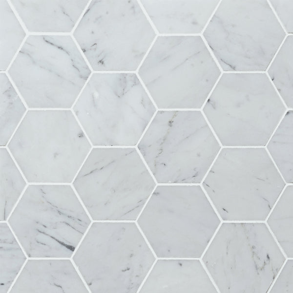 Bedrosians White Carrara 3" Hexagon Honed Marble Mosaic | Item Code 100007311