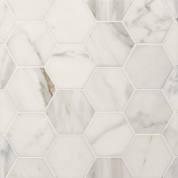 Bedrosians Calacatta Oro 3" Hexagon Honed Marble Mosaic | Item Code 100007312