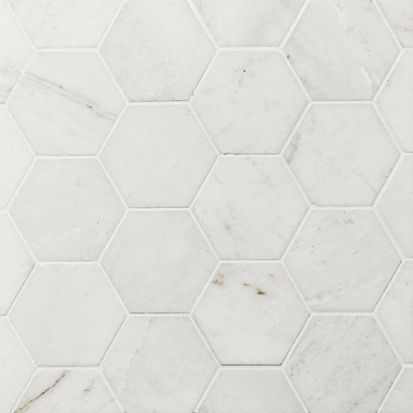 Bedrosians Glorious White 3" Hexagon Brushed Marble Mosaic | Item Code 100007313