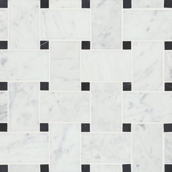 Bedrosians Jumbo Basketweave Honed Marble in White Carrara with Absolute Black Dot | Item Code 100007366