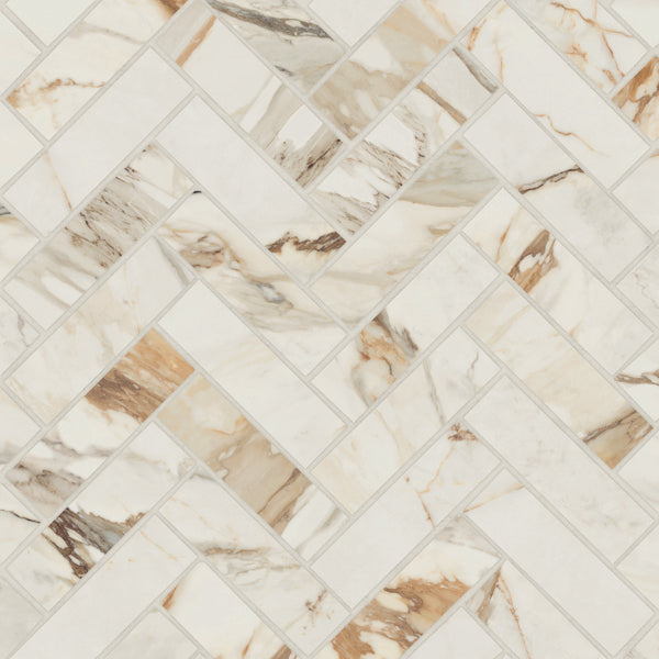 Bedrosians Magnifica Era 1" x 4" - 8mm Satin Porcelain Herringbone Mosaic Tile in Calacatta Borghini | Item Code 100007456