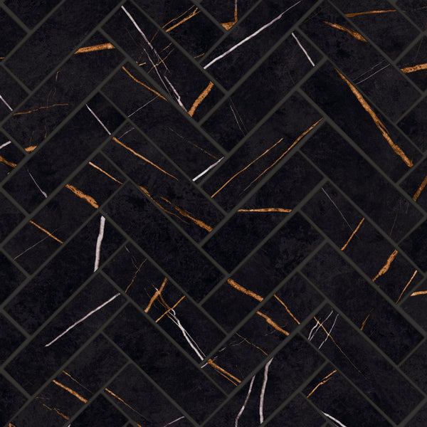 Bedrosians Magnifica Era 1" x 4" - 8mm Satin Porcelain Herringbone Mosaic Tile in Sahara Noir | Item Code 100007478