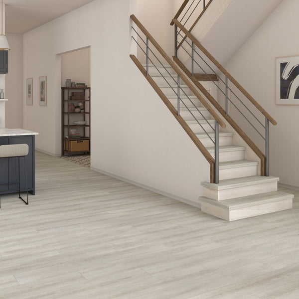 Daltile room scene: Bellamy Place Whitelock 9x60 plank installed in a home
