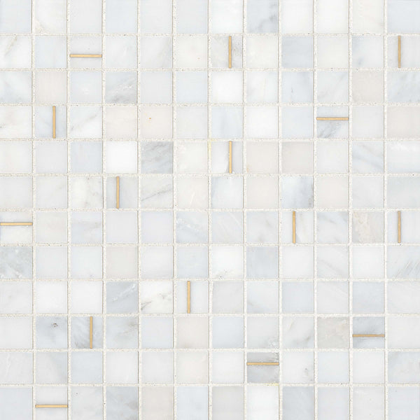 Bedrosians Ferrara 1" x 1" Honed Marble Mosaic Tile with Brass in Bianco | Item Code DECFERBIA11MOH