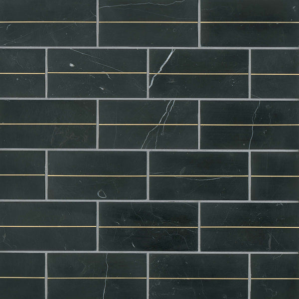 Bedrosians Ferrara 3" x 6" Honed Marble Decorative Tile with Brass in Nero | Item Code DECFERNER36DECOH