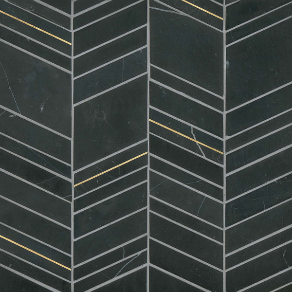 Bedrosians Ferrara Honed Chevron Marble Mosaic Tile in Nero | Item Code DECFERNERCHEMOH