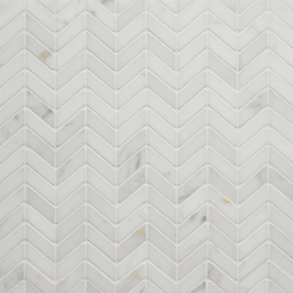 Bedrosians Calacatta Chevron Honed Marble Mosaic Tile in White | Item Code MRBCALOROCHE