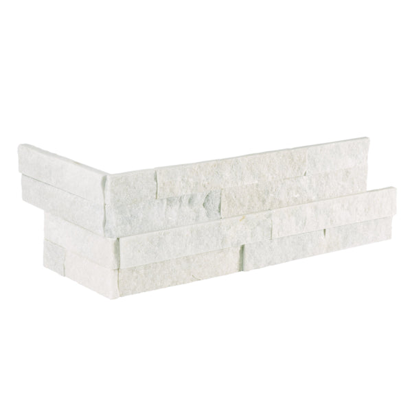 Bedrosians Glacier White 6" x 24" Split Face Ledger Corner | Item Code SLTGLCWHTSFCNR