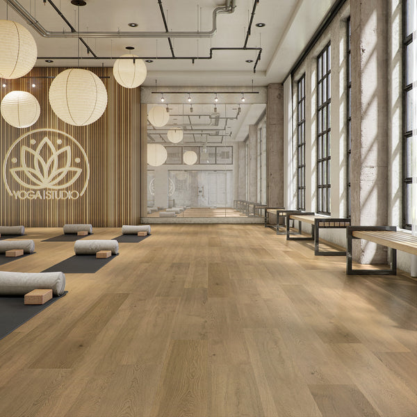 Daltile room scene: Asher Bend Manor 9x71 plank installed in a commercial studio