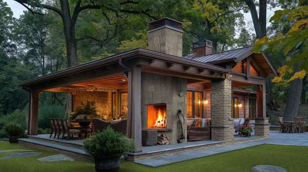 Evergrass Emerald Green Turf 76 oz, installed in a backyard patio with outdoor fireplace (image: MSI) | SKU LTRFREME15X100-40MM76OZ