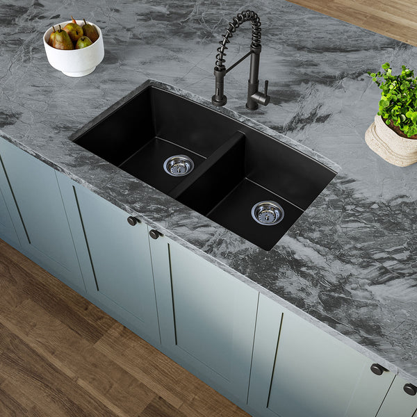 MSI Quartz Composite Undermount Double Bowl Sink 50/50 in Black, installed in a room setting