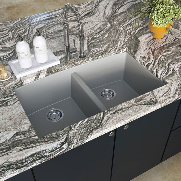 MSI Quartz Composite Undermount Double Bowl Sink 50/50 in Gray, installed in a room setting