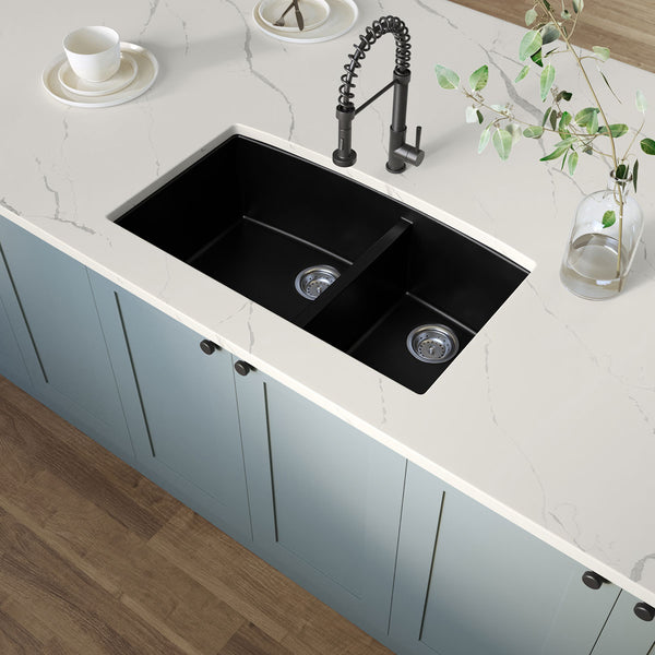 MSI Quartz Composite Undermount Double Bowl Sink 60/40 in Black, installed in a room setting