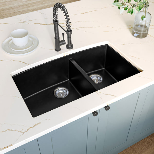 MSI Quartz Composite Undermount Double Bowl Sink 60/40 in Black, installed in a room setting
