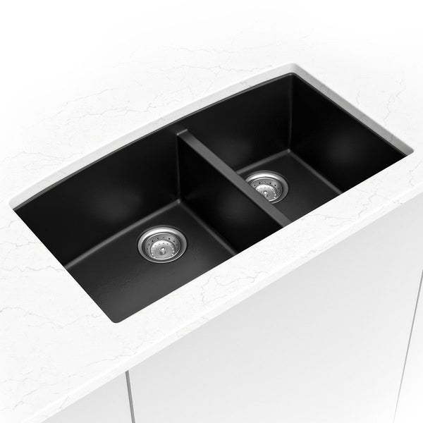 MSI Quartz Composite Undermount Double Bowl Sink 60/40 in Black, installed in a room setting