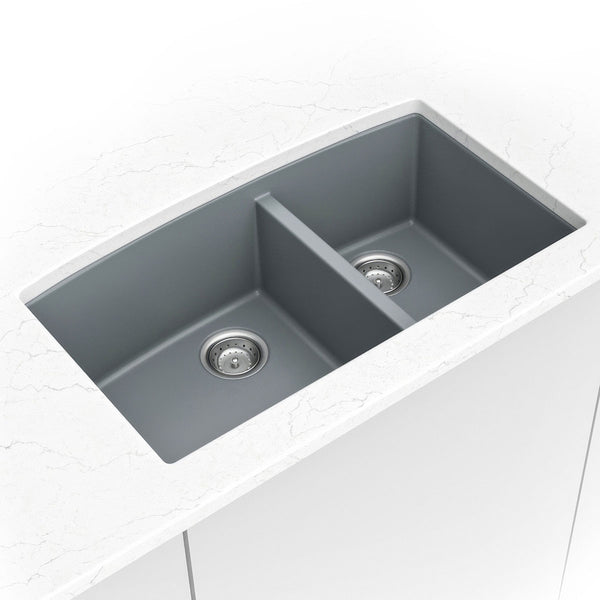 MSI Quartz Composite Undermount Double Bowl Sink 60/40 in Gray, installed in a room setting