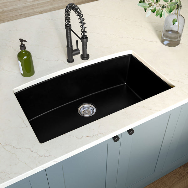 MSI Quartz Composite Undermount Single Bowl Sink in Black, installed in a room setting