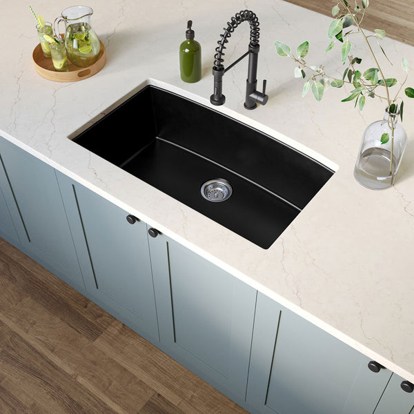 MSI Quartz Composite Undermount Single Bowl Sink in Black, installed in a room setting