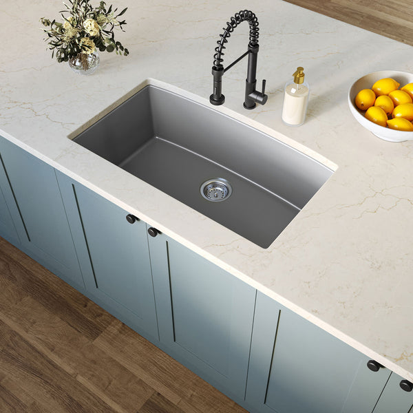 MSI Quartz Composite Undermount Single Bowl Sink in Gray, installed in a room setting