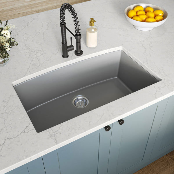 MSI Quartz Composite Undermount Single Bowl Sink in Gray, installed in a room setting