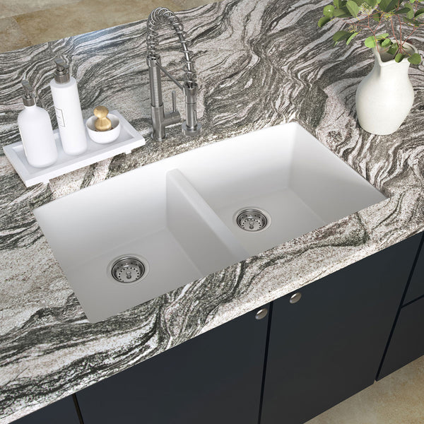 MSI Quartz Composite Undermount Double Bowl Sink 50/50 in White, installed in a room setting