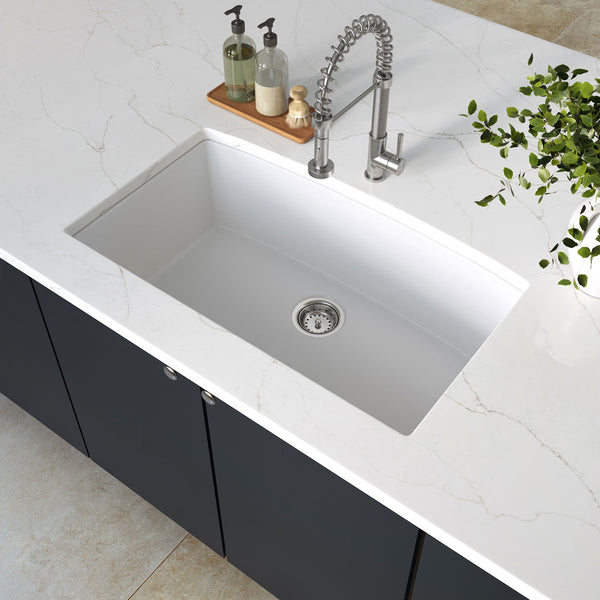 MSI Quartz Composite Undermount Single Bowl Sink in White, installed in a room setting