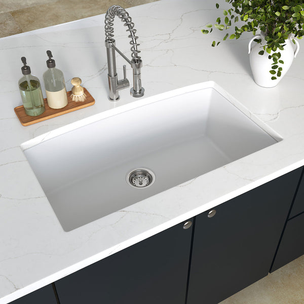 MSI Quartz Composite Undermount Single Bowl Sink in White, installed in a room setting
