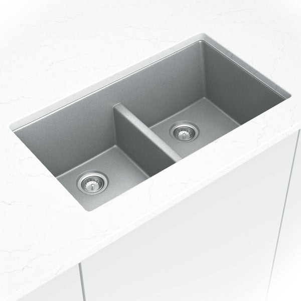 MSI Quartz Composite Undermount Double Bowl Sink 50/50 in Gray, installed in a room setting