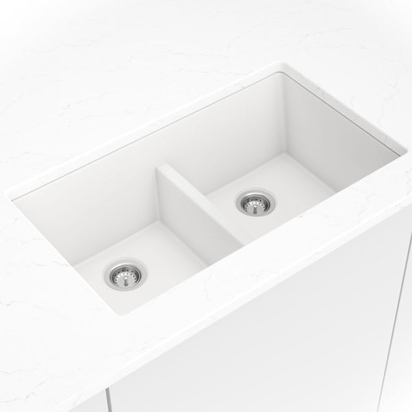 MSI Quartz Composite Undermount Double Bowl Sink 50/50 in White, installed in a room setting
