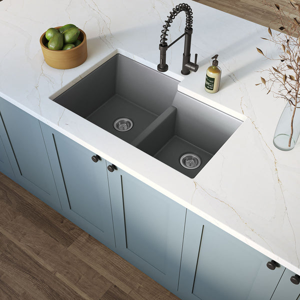 MSI Quartz Composite Undermount Double Bowl Sink 60/40 in Gray, installed in a room setting
