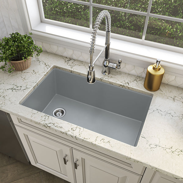 MSI Quartz Composite Undermount Single Bowl Sink in Gray, installed in a room setting