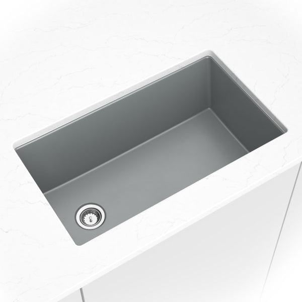 MSI Quartz Composite Undermount Single Bowl Sink in Gray, installed in a room setting