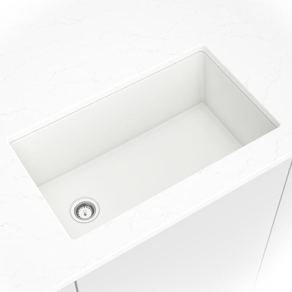 MSI Quartz Composite Undermount Single Bowl Sink in White, installed in a room setting