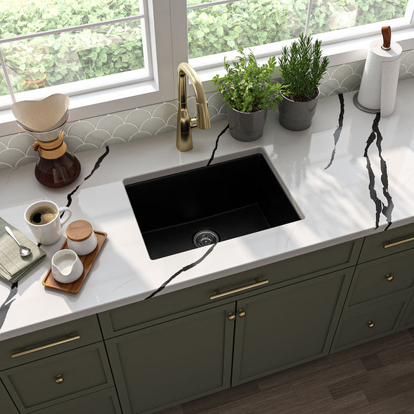 MSI Quartz Composite Undermount Single Bowl Sink in Black, installed in a room setting