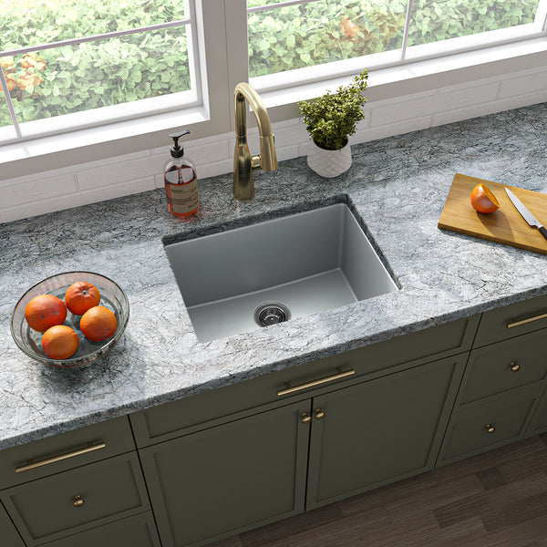 MSI Quartz Composite Undermount Single Bowl Sink in Gray, installed in a room setting