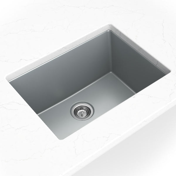 MSI Quartz Composite Undermount Single Bowl Sink in Gray, installed in a room setting