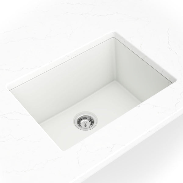 MSI Quartz Composite Undermount Single Bowl Sink in White, installed in a room setting