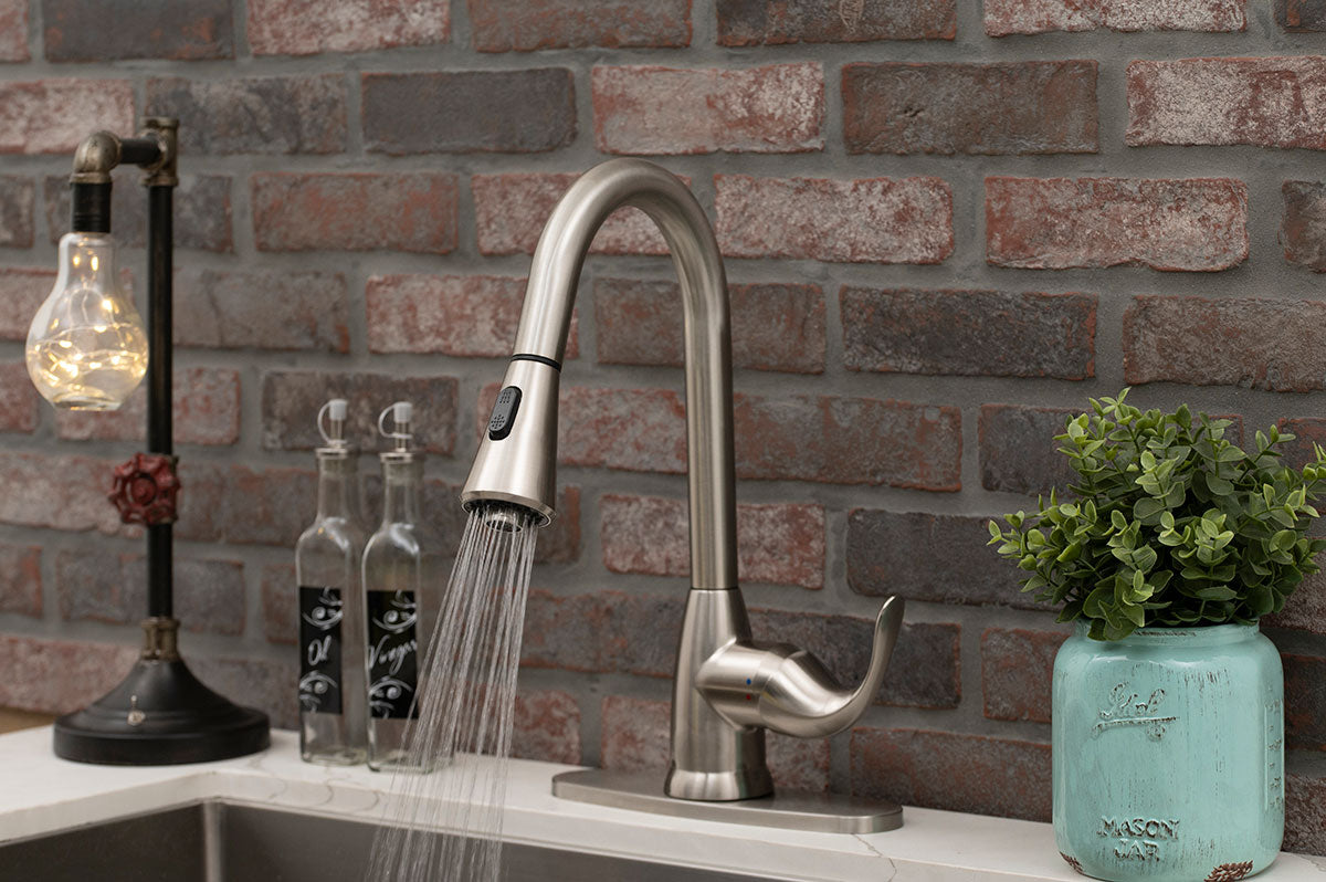 1-Handle Pull-Down Sprayer Kitchen Faucet in Brushed Nickel installed (image: MSI)