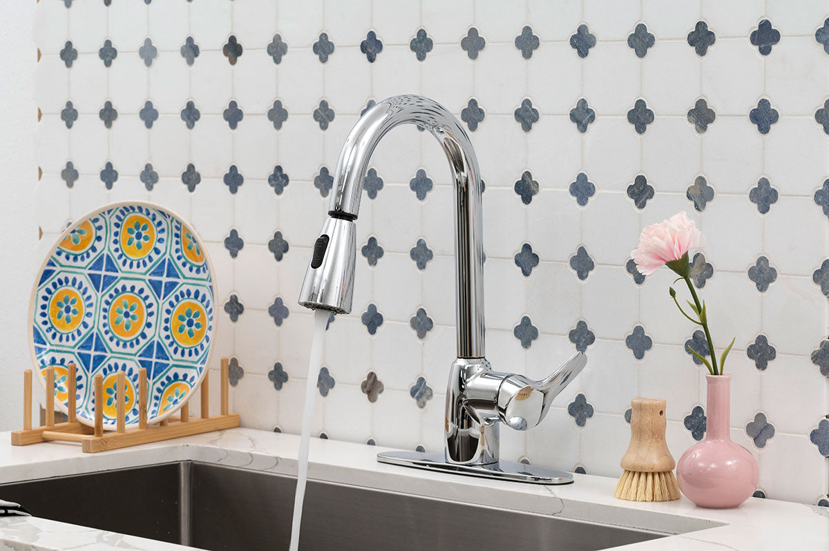 1-Handle Pull-Out Sprayer Kitchen Faucet in Chrome installed (image: MSI)