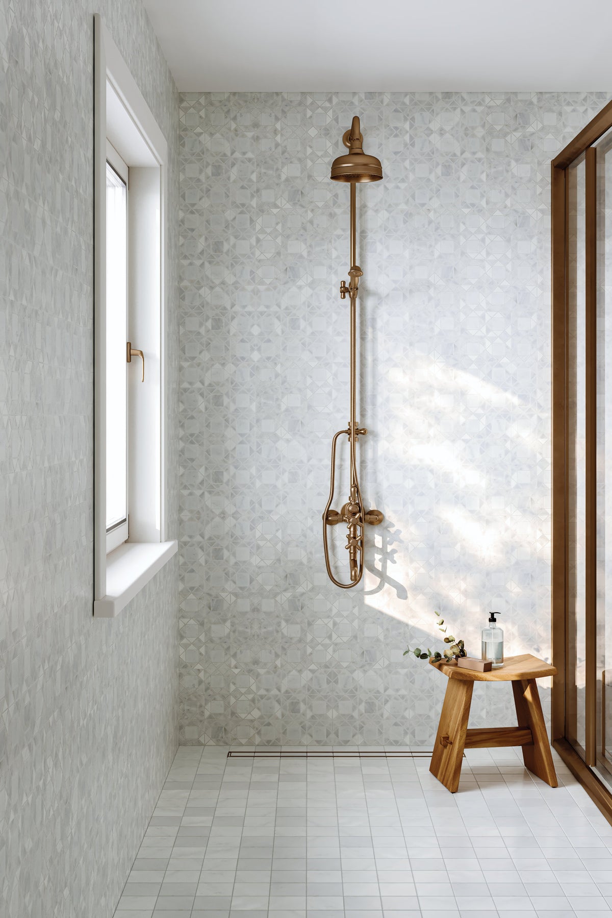 Shower: Bedrosians Monet 4" x 4" Honed Marble Decorative Tile in Oriental White