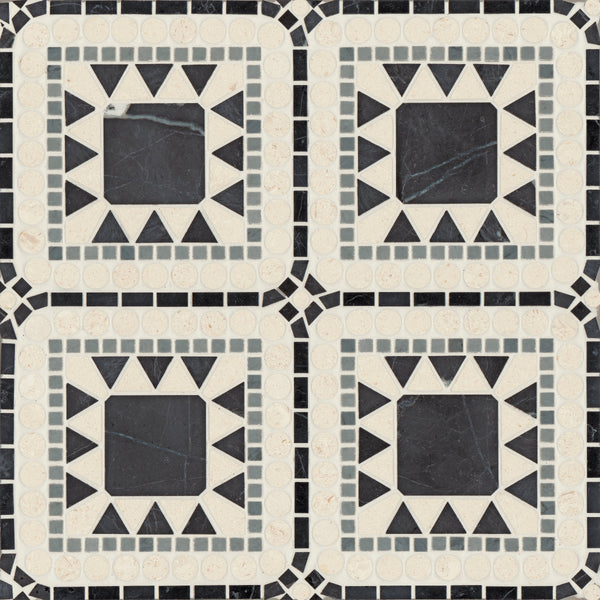 Bedrosians Atrium Honed Marble Blend Mosaic Tile in Nero Marquina, Bardiglio & Myra Beige | Item Code 100001722